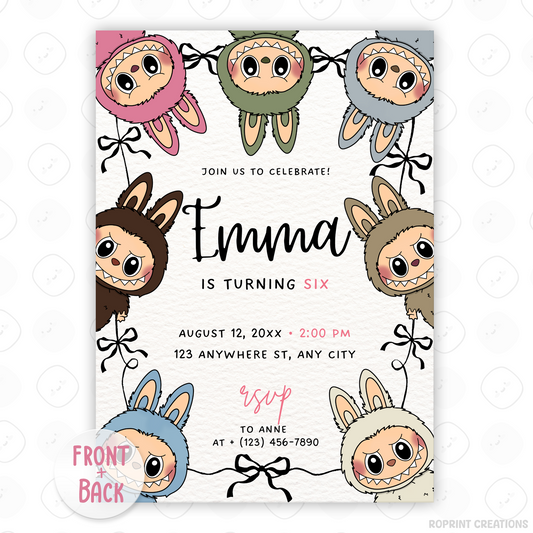 This cute coquette-style Labubu invitation is perfect for a stylish birthday! Edit easily in Canva and print or share digitally. Instant download