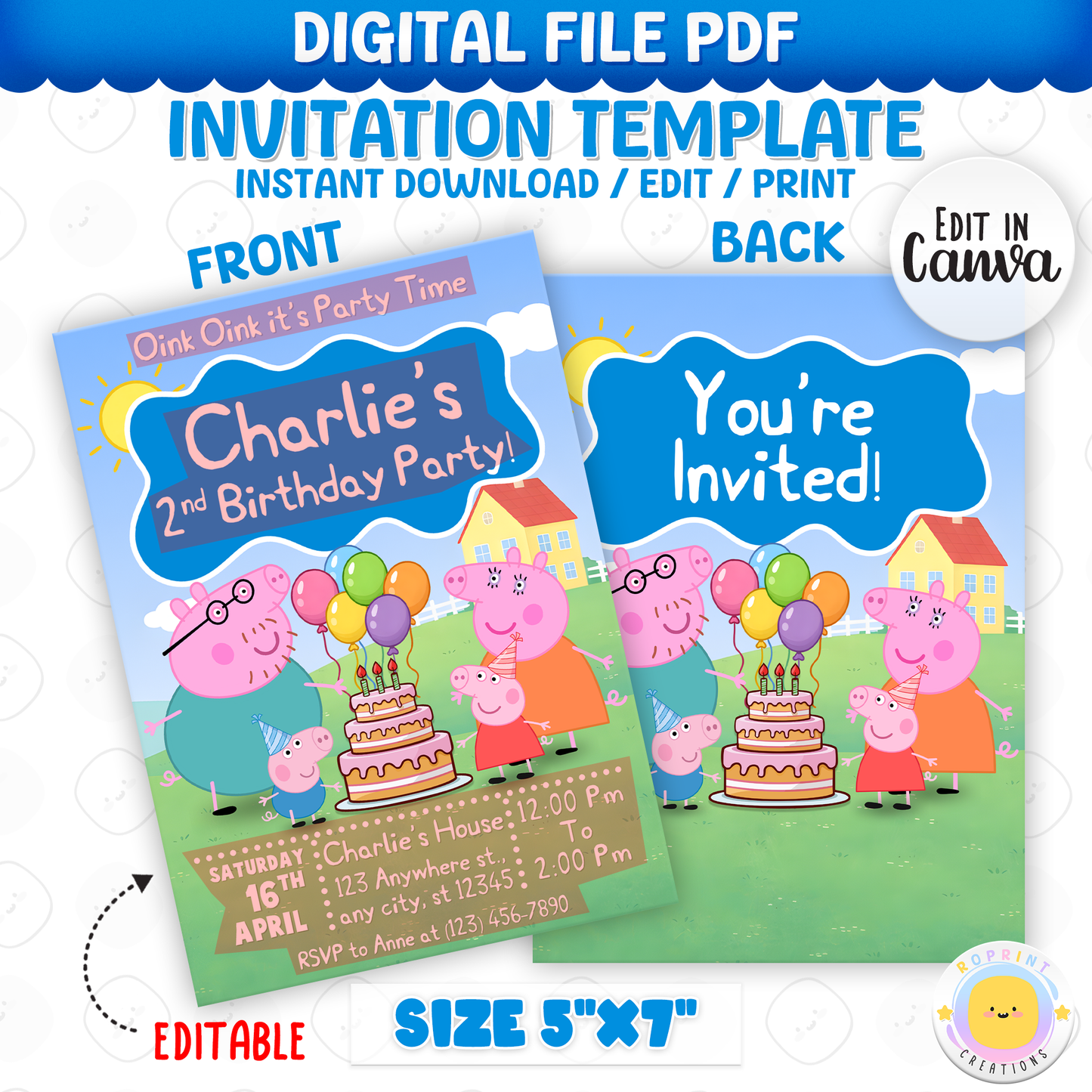 Celebrate your little one’s birthday with this cute Peppa Pig Birthday Invitation! Easily edit, download, print, or share digitally for a fun and stress-free party invite.
