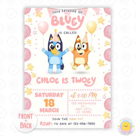 Editable Pink Bluey Birthday Invitation - Bluey TWO-EY Pink Birthday Girl Invitation Canva Template