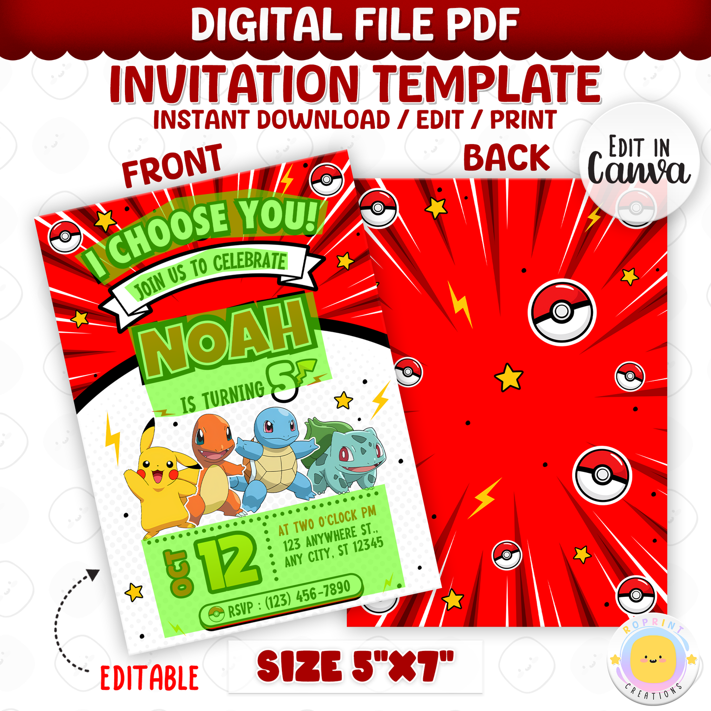 It's time for a Pokémon adventure! Easily customize this Pokémon birthday invitation template in Canva, then print or share digitally with friends and family. Perfect for Pokémon-themed birthday parties and fans of all ages!