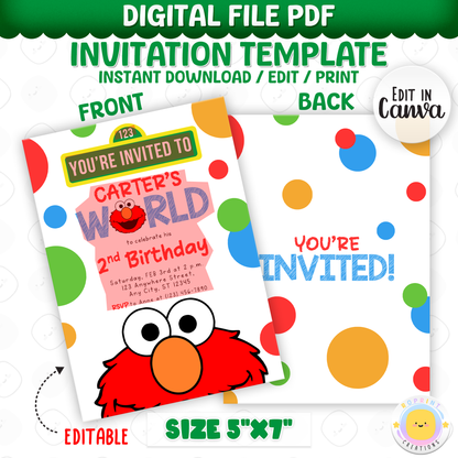 Elmo-themed birthday invitation template with colorful polka dots on a white background.