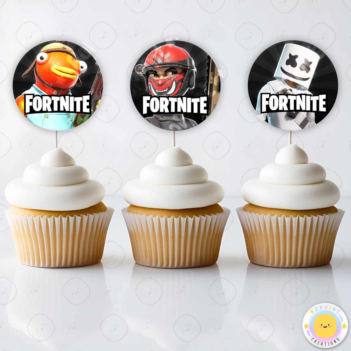 Fortnite Birthday Cupcake Toppers - Fortnite Birthday Cupcake Toppers. Add a fun touch to your celebration with these Fortnite Cupcake Toppers! Instantly download, print, and assemble for a unique party decoration. These toppers can also be printed on edible paper or sticker paper to create fun stickers. Digital file only.