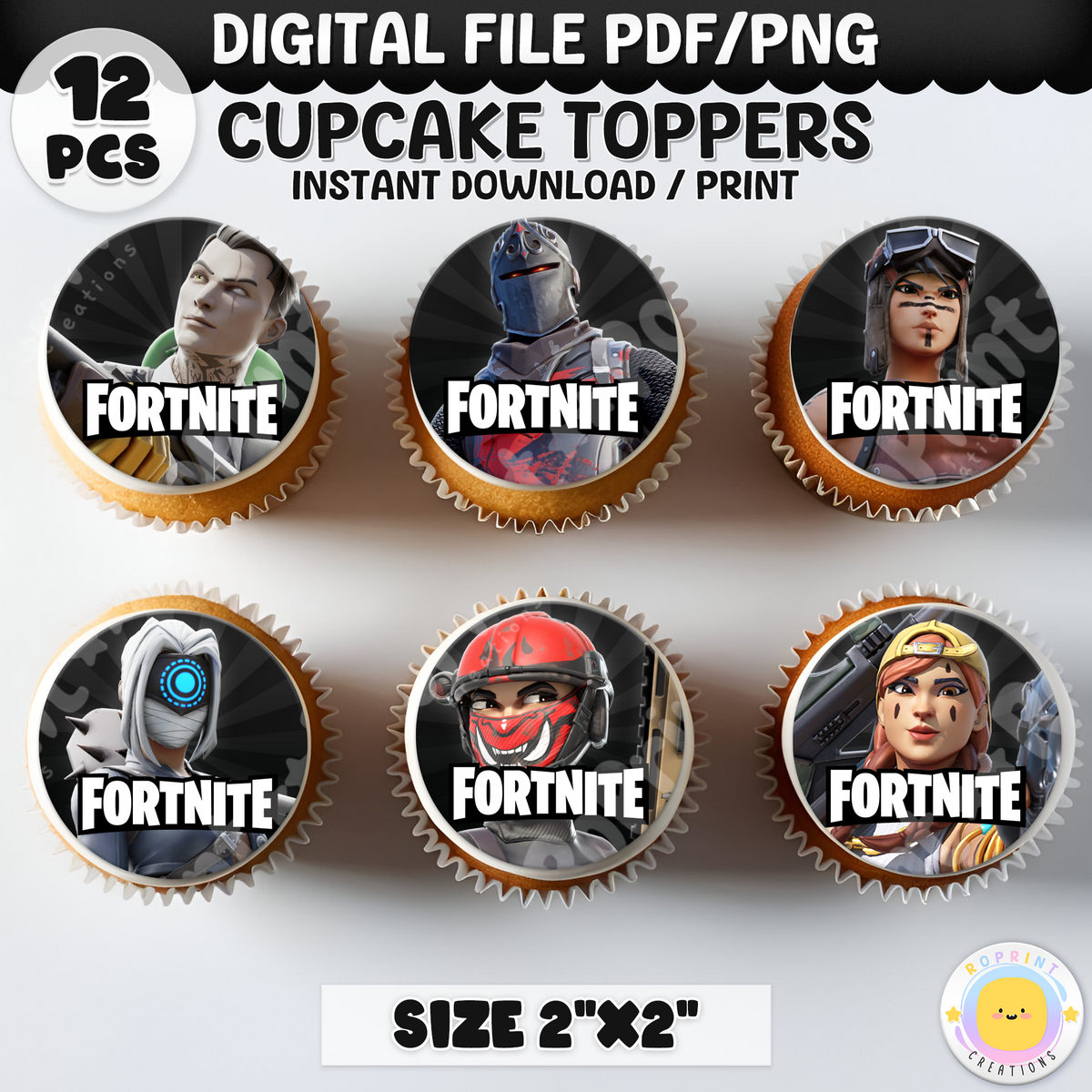 Fortnite Birthday Cupcake Toppers - Fortnite Birthday Cupcake Toppers. Add a fun touch to your celebration with these Fortnite Cupcake Toppers! Instantly download, print, and assemble for a unique party decoration. These toppers can also be printed on edible paper or sticker paper to create fun stickers. Digital file only.