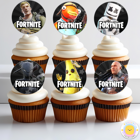 Fortnite Birthday Cupcake Toppers - Fortnite Birthday Cupcake Toppers. Add a fun touch to your celebration with these Fortnite Cupcake Toppers! Instantly download, print, and assemble for a unique party decoration. These toppers can also be printed on edible paper or sticker paper to create fun stickers. Digital file only.