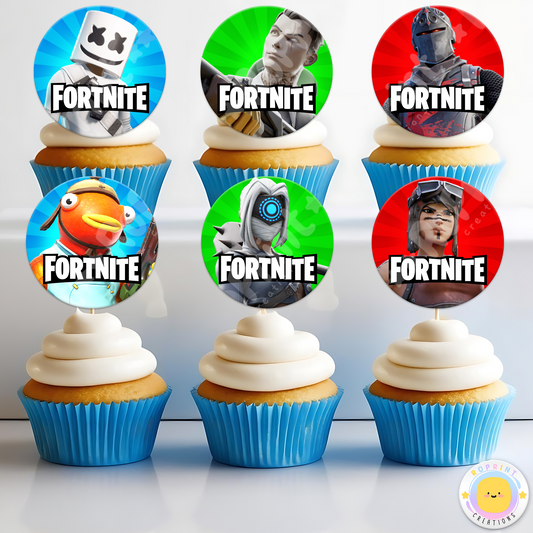 Fortnite Cupcake Toppers - Fortnite Birthday Cupcake Toppers. Add a fun touch to your celebration with these Fortnite Cupcake Toppers! Instantly download, print, and assemble for a unique party decoration. These toppers can also be printed on edible paper or sticker paper to create fun stickers. Digital file only.