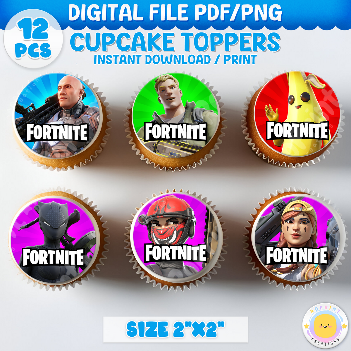 Fortnite Cupcake Toppers - Fortnite Birthday Cupcake Toppers. Add a fun touch to your celebration with these Fortnite Cupcake Toppers! Instantly download, print, and assemble for a unique party decoration. These toppers can also be printed on edible paper or sticker paper to create fun stickers. Digital file only.