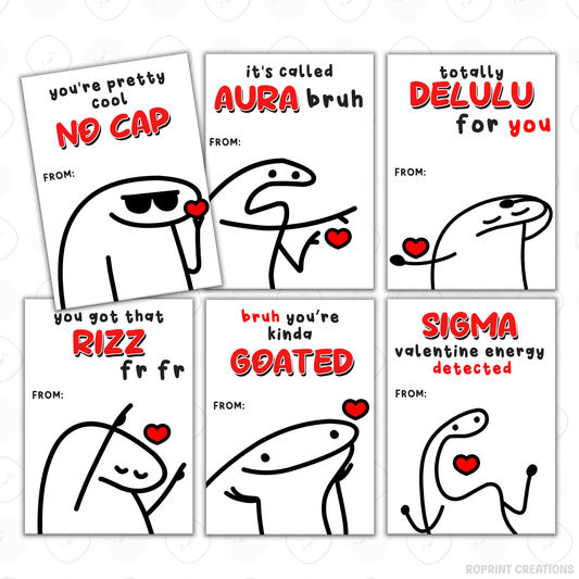 Funny slang Valentine cards for kids, printable classroom Valentine exchange cards with 16 Gen Z and Gen Alpha designs