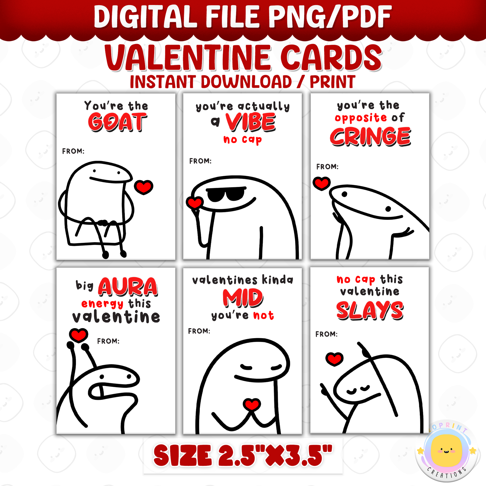 Funny slang Valentine cards for kids, printable classroom Valentine exchange cards with 16 Gen Z and Gen Alpha designs