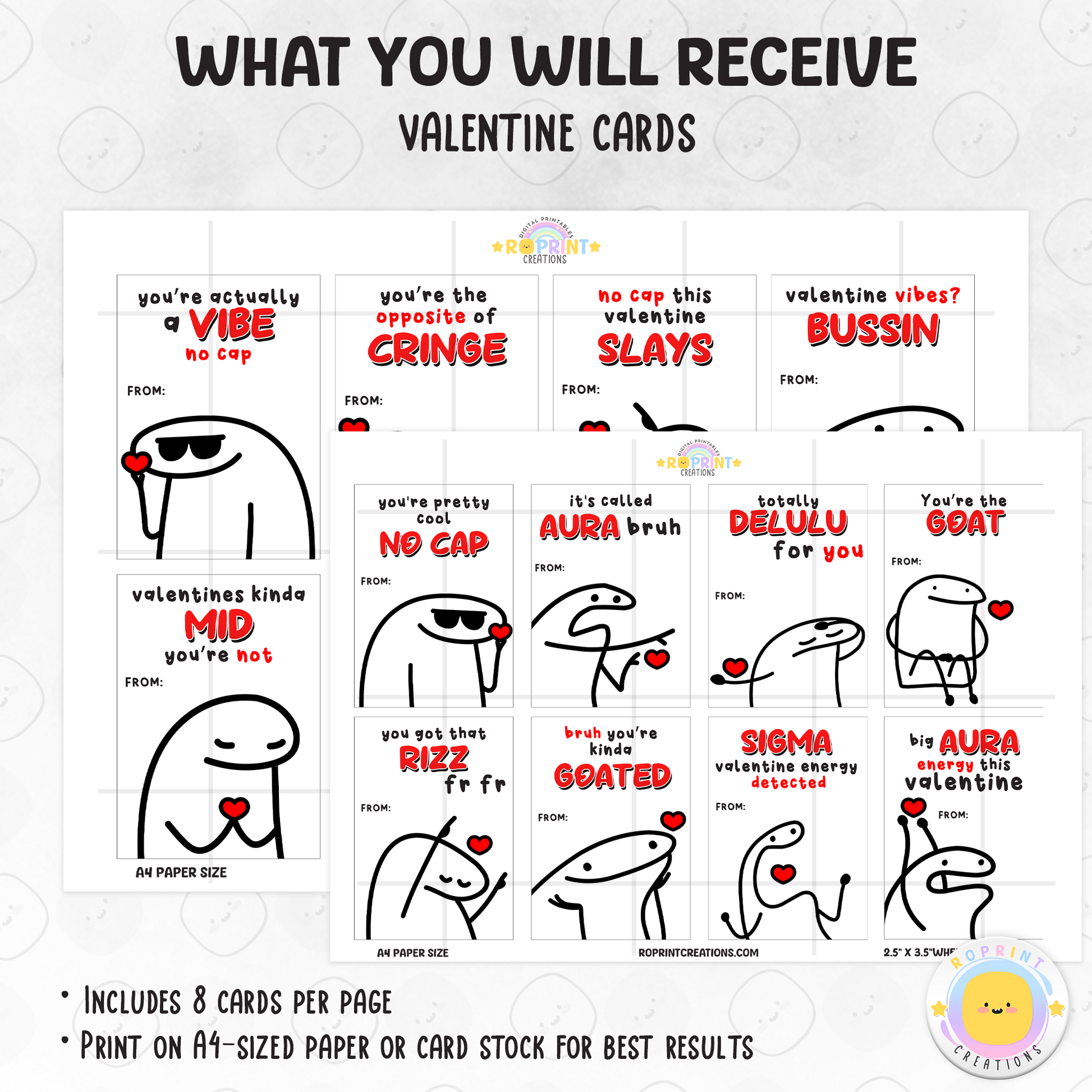 Funny slang Valentine cards for kids, printable classroom Valentine exchange cards with 16 Gen Z and Gen Alpha designs