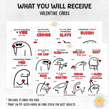 Funny slang Valentine cards for kids, printable classroom Valentine exchange cards with 16 Gen Z and Gen Alpha designs