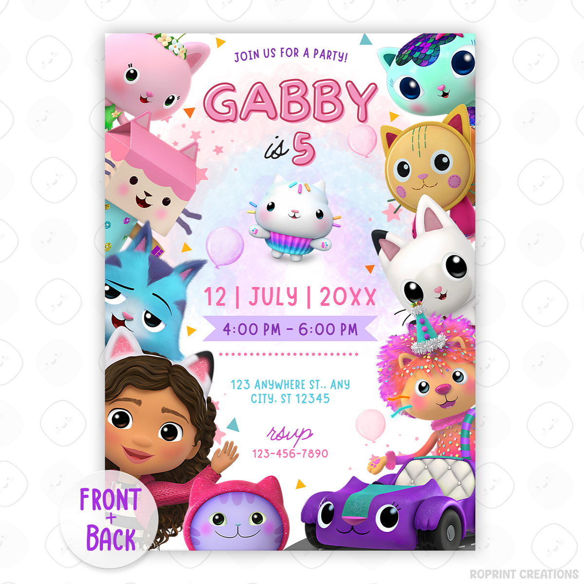 Bring the magic of Gabby’s Dollhouse to your child’s party! Easily edit this cute invitation in Canva and print or share digitally. Instant download