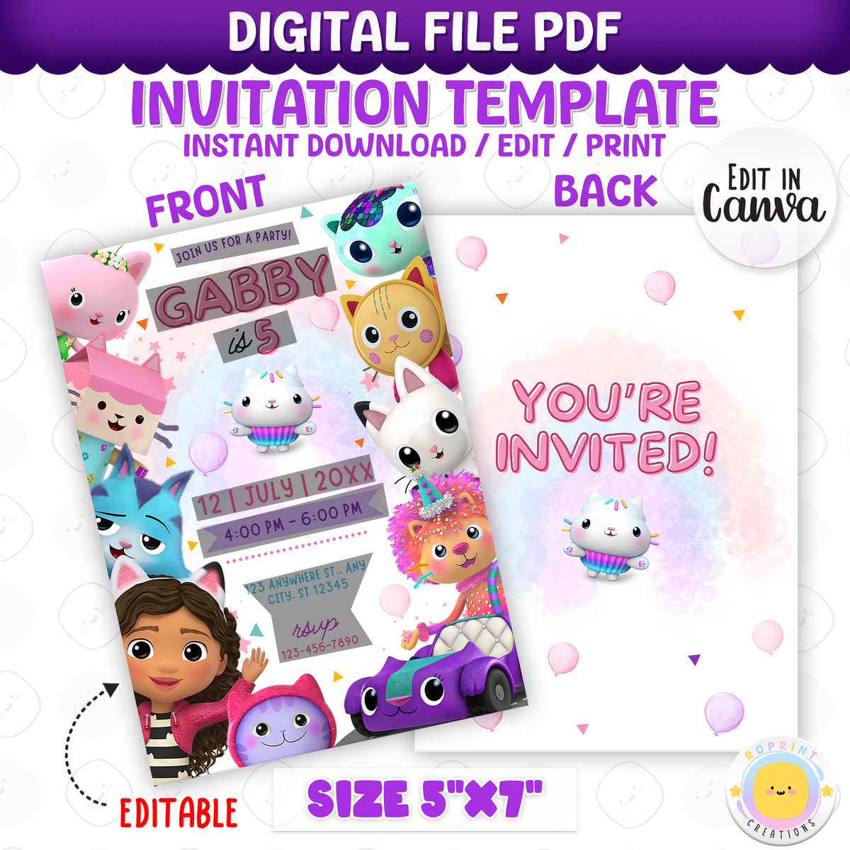 Bring the magic of Gabby’s Dollhouse to your child’s party! Easily edit this cute invitation in Canva and print or share digitally. Instant download