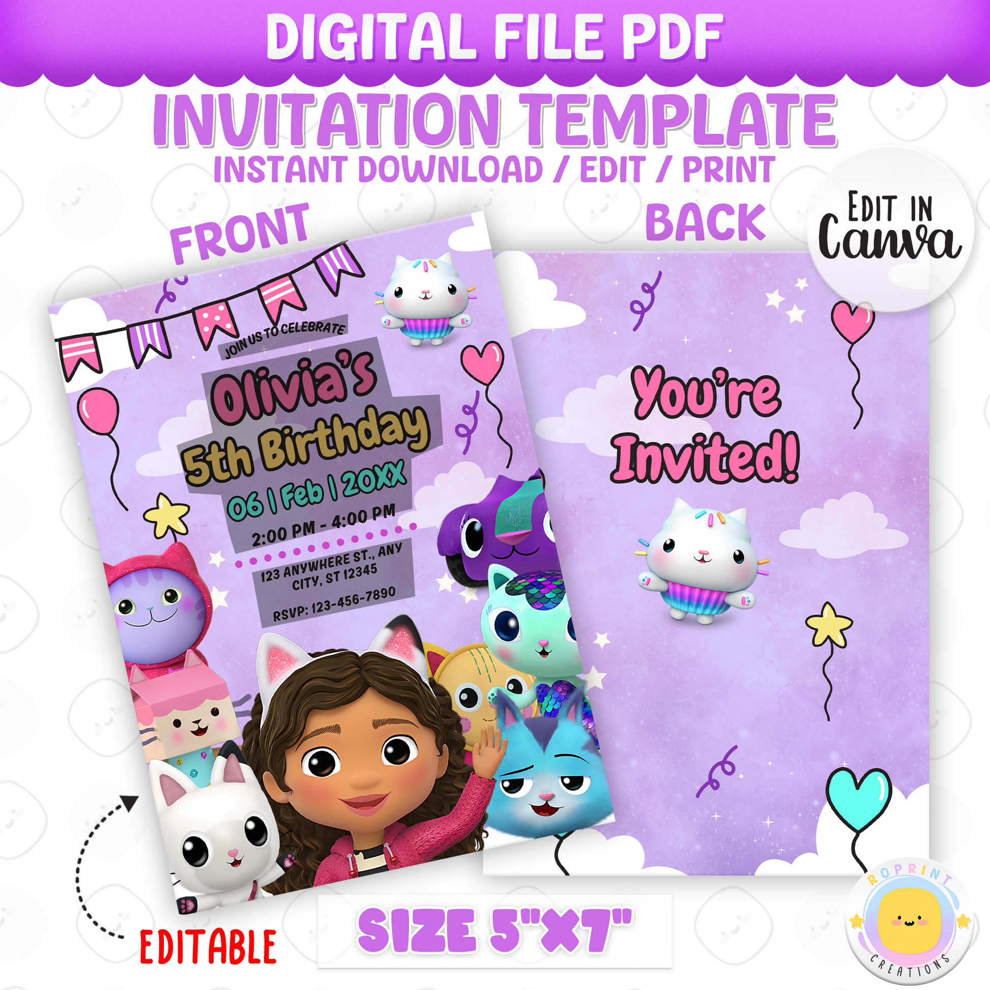 Bring the magic of Gabby’s Dollhouse to your child’s party! Easily edit this cute invitation in Canva and print or share digitally. Instant download