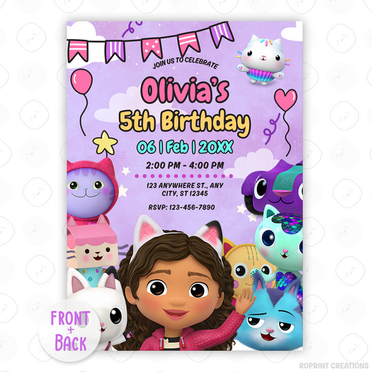 Bring the magic of Gabby’s Dollhouse to your child’s party! Easily edit this cute invitation in Canva and print or share digitally. Instant download