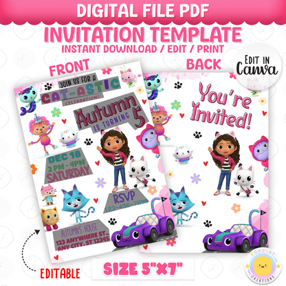 Bring the magic of Gabby’s Dollhouse to your child’s party! Easily edit this cute invitation in Canva and print or share digitally. Instant download