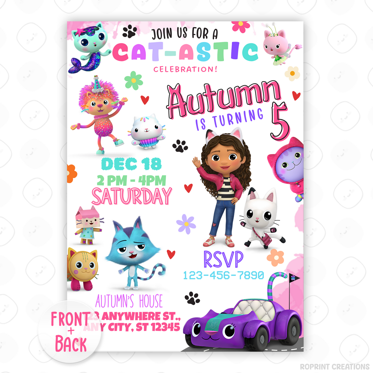 Bring the magic of Gabby’s Dollhouse to your child’s party! Easily edit this cute invitation in Canva and print or share digitally. Instant download