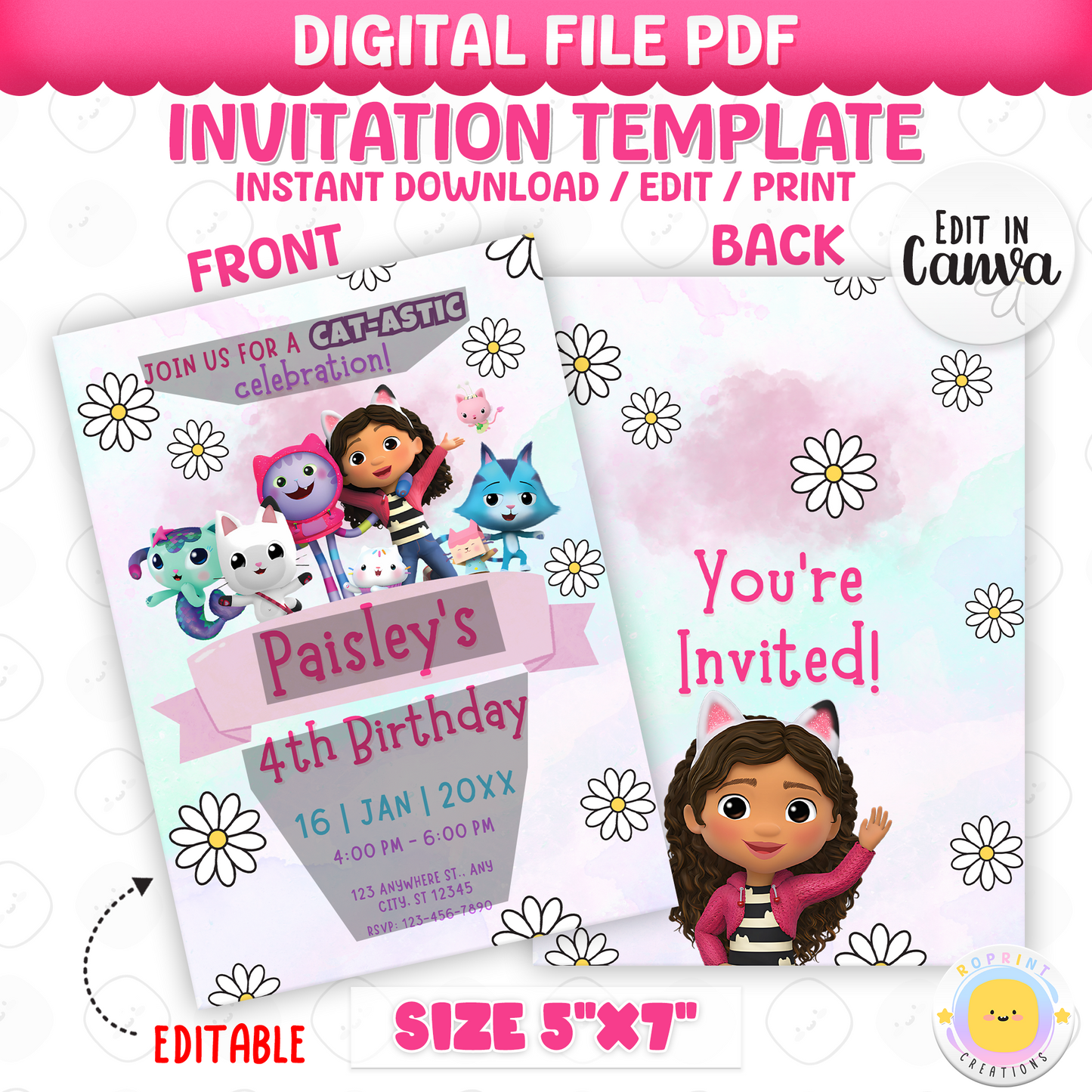 Bring the magic of Gabby’s Dollhouse to your child’s party! Easily edit this cute invitation in Canva and print or share digitally. Instant download