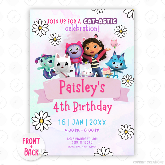 Bring the magic of Gabby’s Dollhouse to your child’s party! Easily edit this cute invitation in Canva and print or share digitally. Instant download