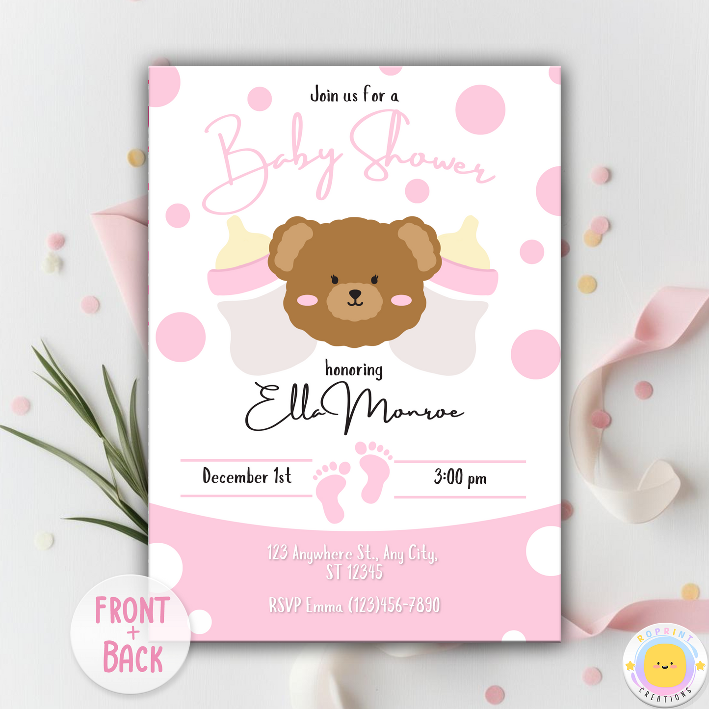 Digital printable baby shower invitation for girls, featuring a sweet and customizable design.