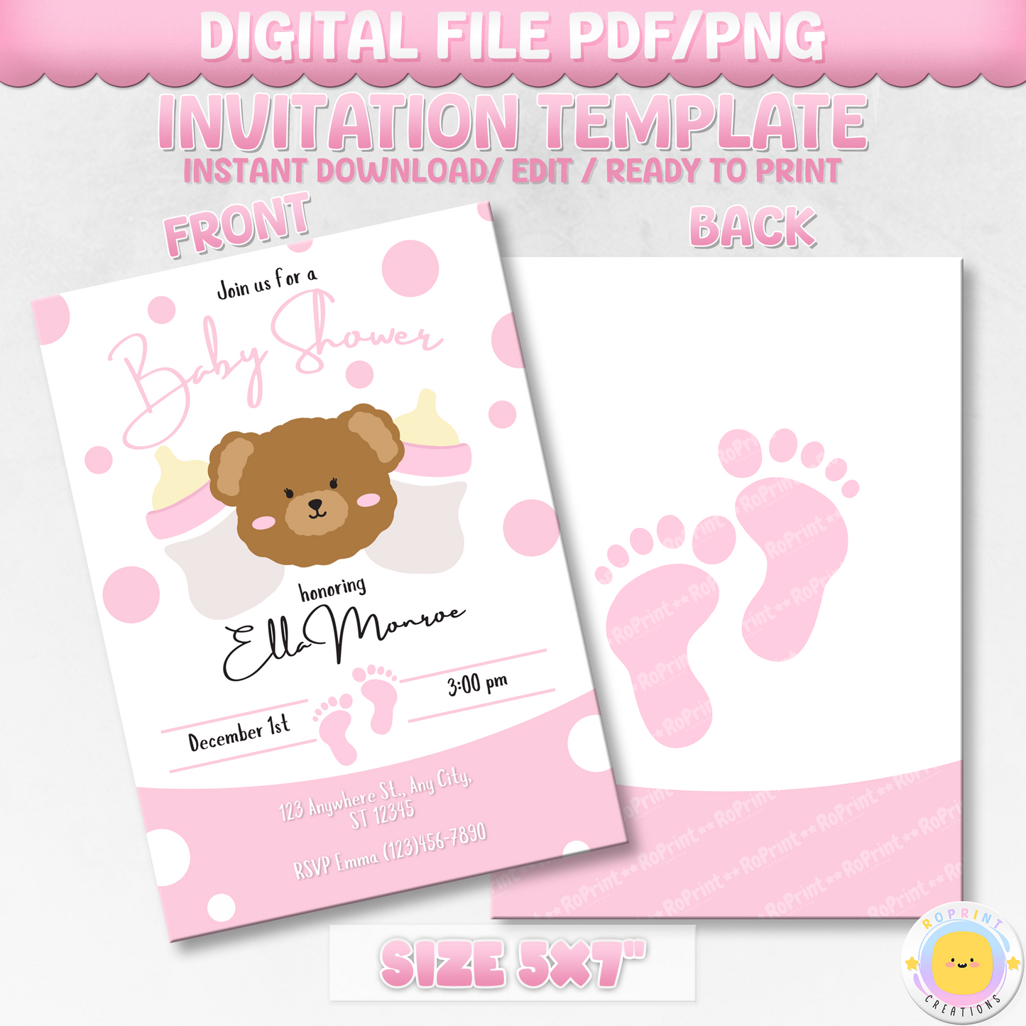 Digital printable baby shower invitation for girls, featuring a sweet and customizable design.