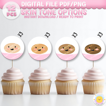 Digital printable baby shower cupcake toppers for girls, perfect for a sweet and themed kids' party favor.