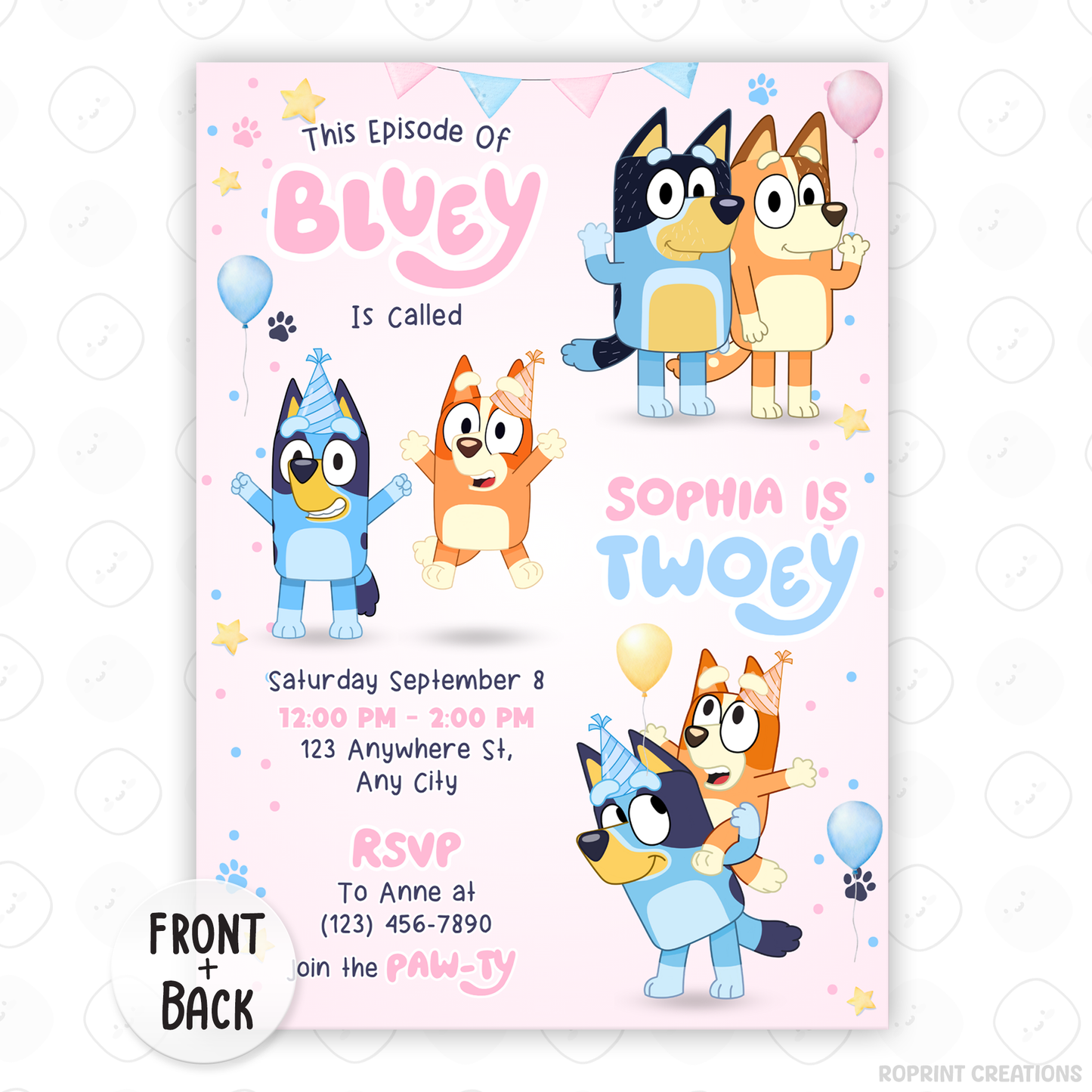 Celebrate your little one’s 2nd birthday with this editable Girls Bluey Twoey Birthday Invitation! Easily customize, download, print, or share digitally for a fun, stress-free invite.