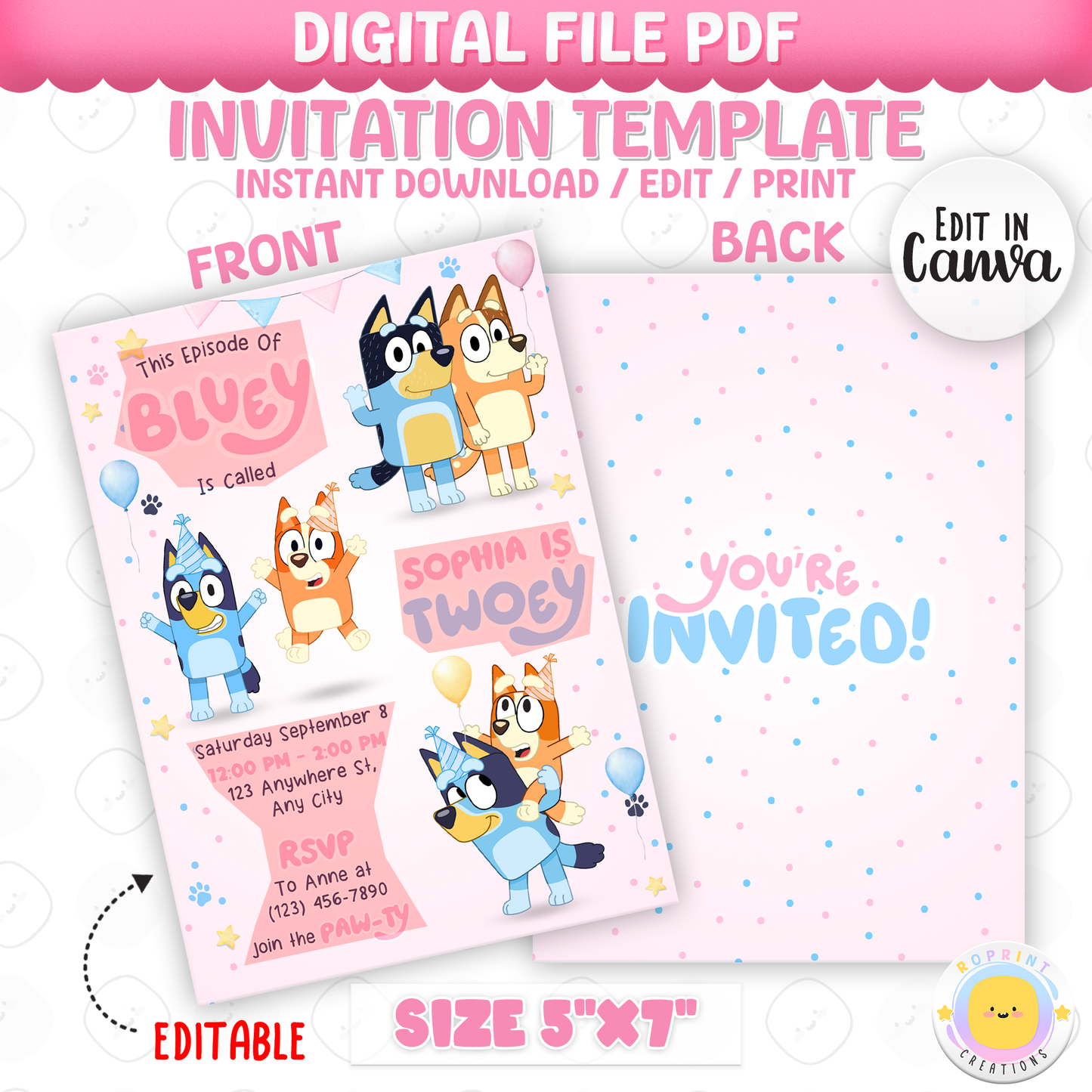 Celebrate your little one’s 2nd birthday with this editable Girls Bluey Twoey Birthday Invitation! Easily customize, download, print, or share digitally for a fun, stress-free invite.