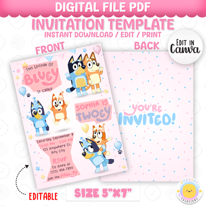 Celebrate your little one’s 2nd birthday with this editable Girls Bluey Twoey Birthday Invitation! Easily customize, download, print, or share digitally for a fun, stress-free invite.