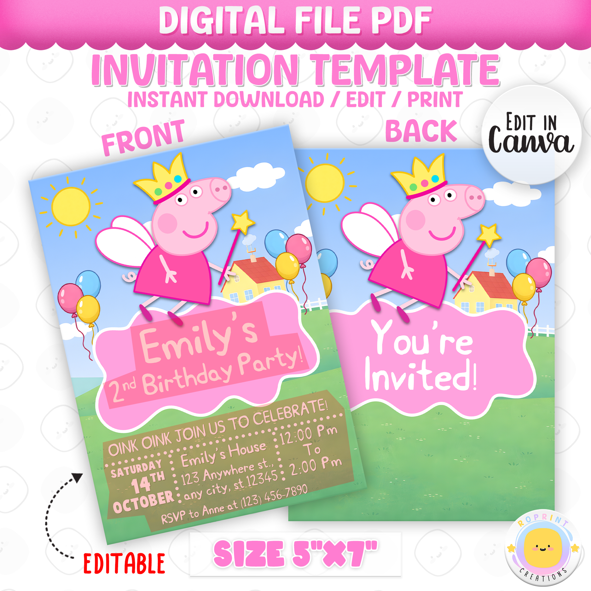 Celebrate your little one’s birthday with this Cute Girls Peppa Pig 2nd Birthday Invitation! Easily edit, download, print, or share digitally for a fun and stress-free party invite.