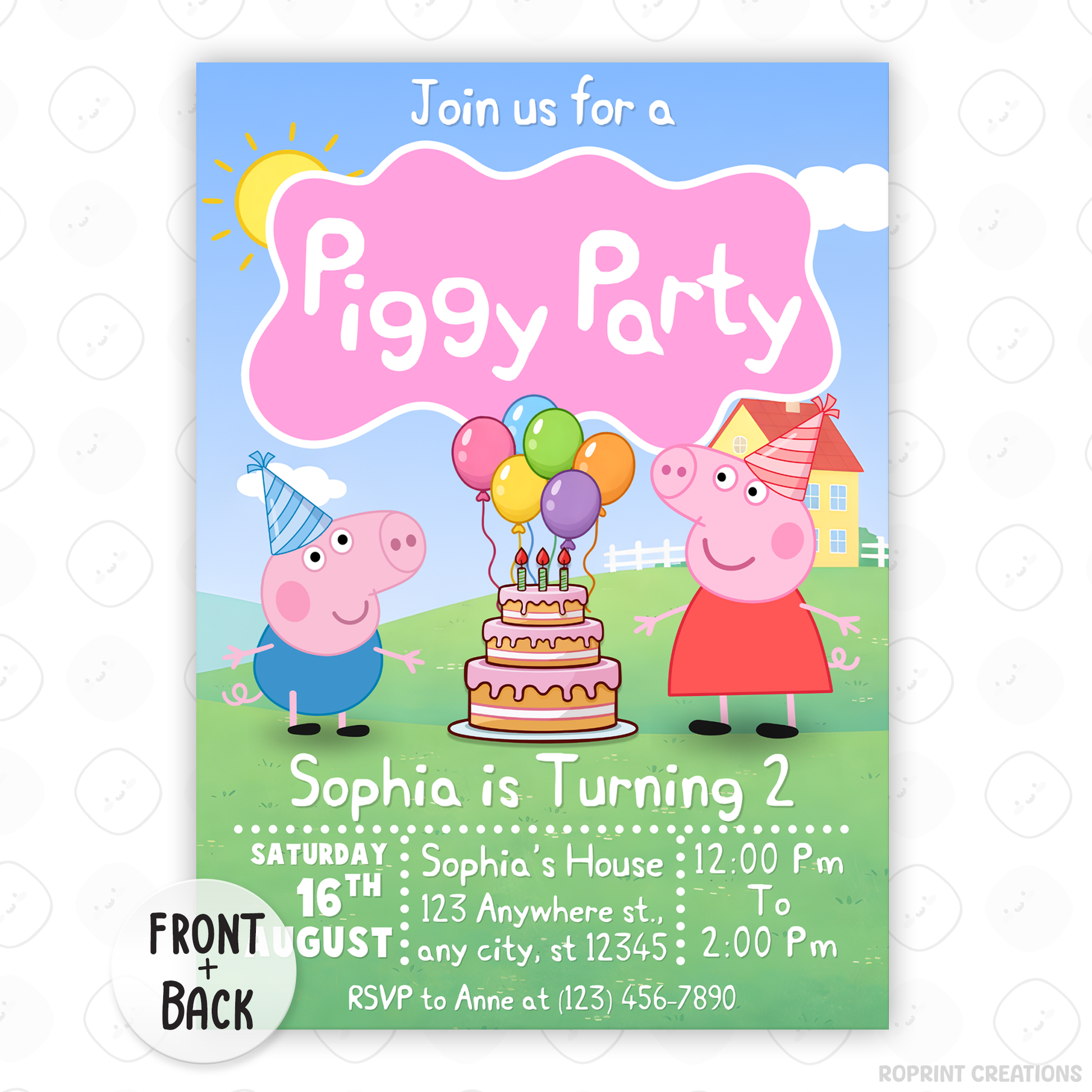 Invitation card for a Piggy Party with cartoon pigs and a cake.