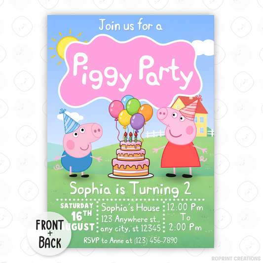 Invitation card for a Piggy Party with cartoon pigs and a cake.
