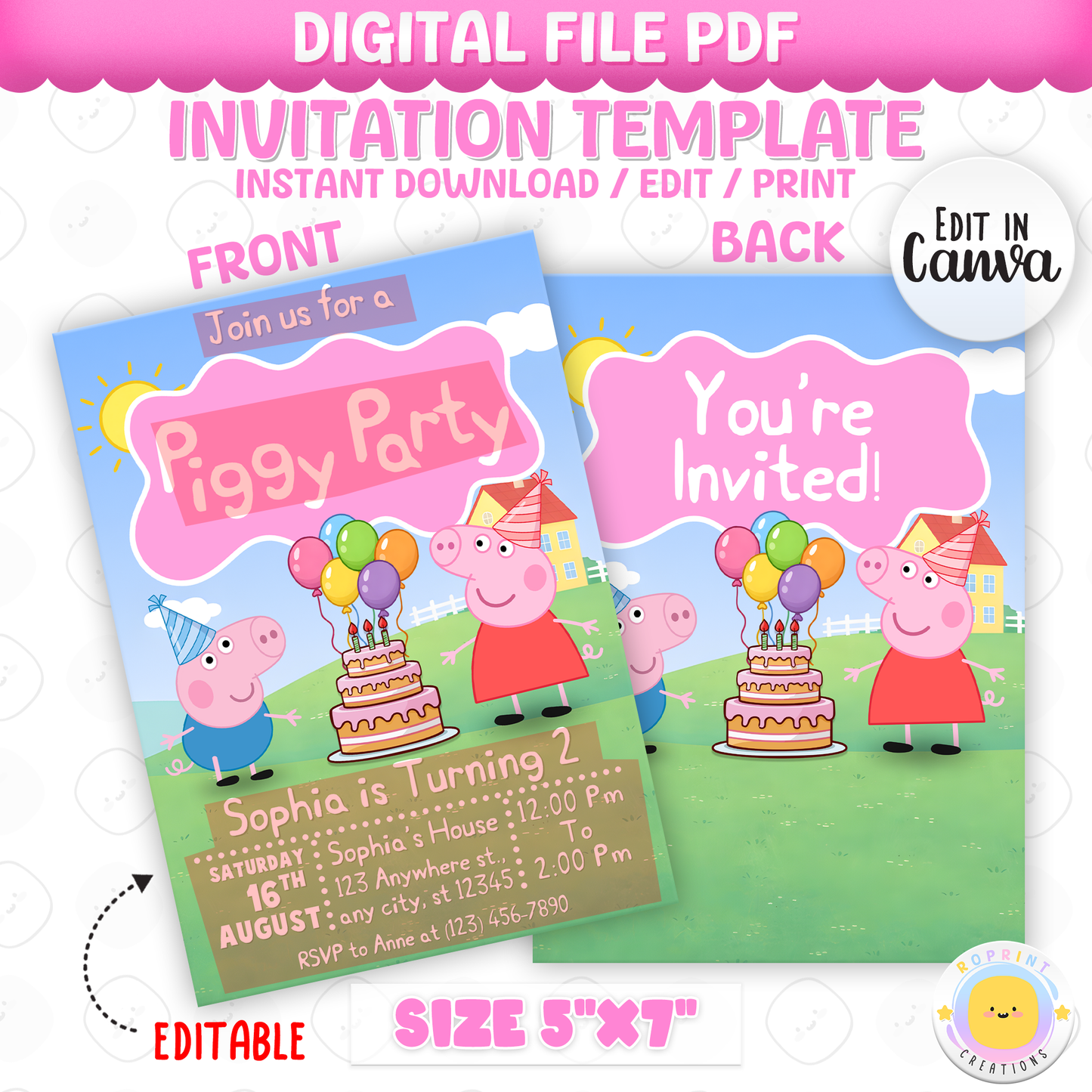 Peppa Pig-themed birthday party invitation template with editable text on a white background.