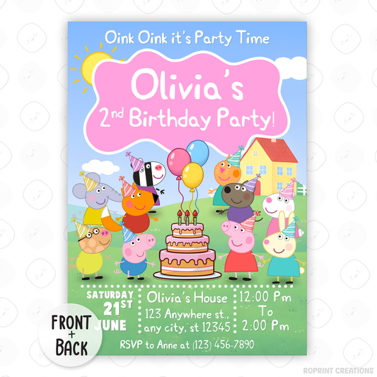 Celebrate your little one’s birthday with this Cute Girls Peppa Pig and Friends 2nd Birthday Invitation! Easily edit, download, print, or share digitally for a fun and stress-free party invite.