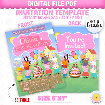 Celebrate your little one’s birthday with this Cute Girls Peppa Pig and Friends 2nd Birthday Invitation! Easily edit, download, print, or share digitally for a fun and stress-free party invite.