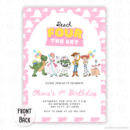 Celebrate your little one turning four with this fun Girls Reach Four the Sky Birthday Invitation! Easily edit, download, print, or share digitally for a stress-free party invite.