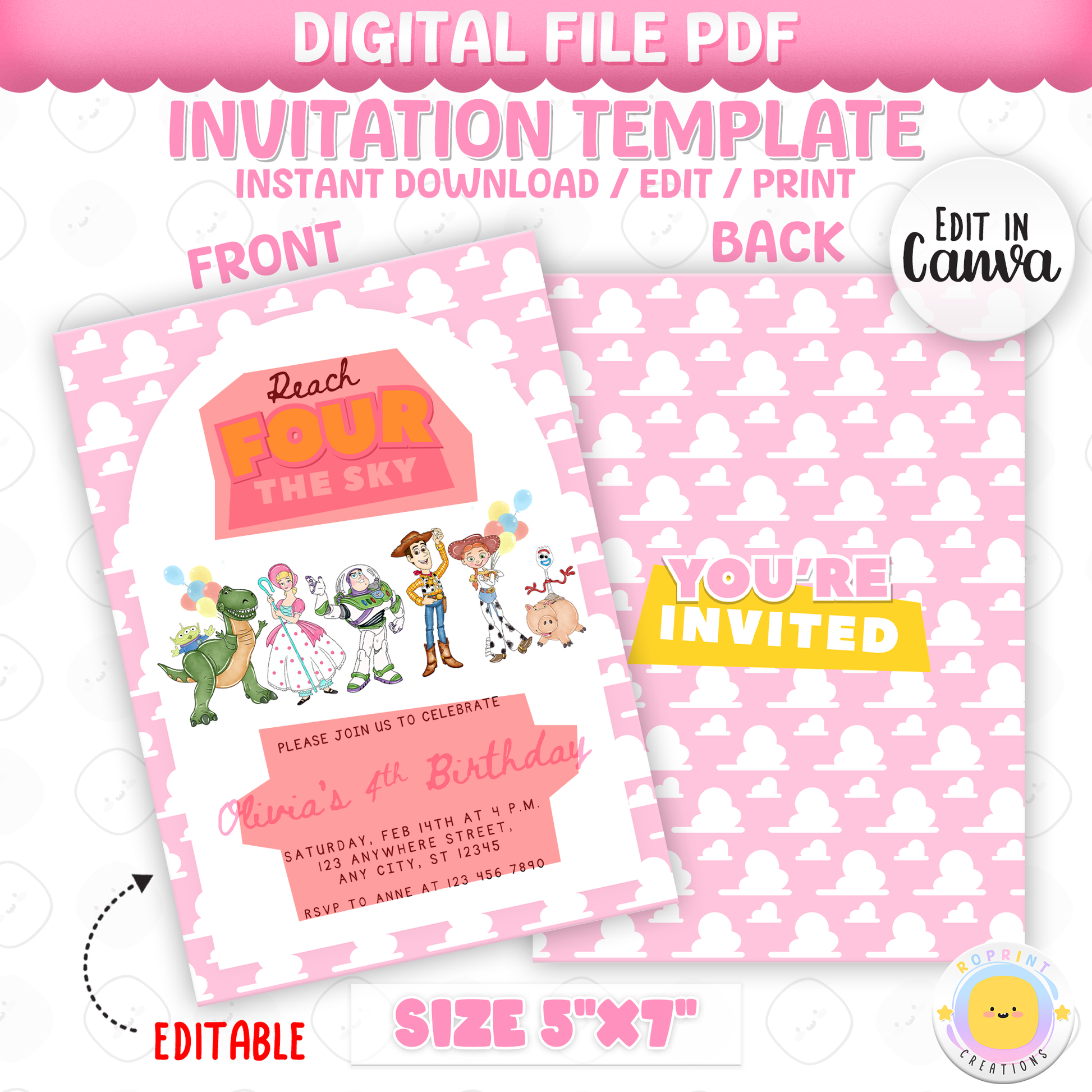 Celebrate your little one turning four with this fun Girls Reach Four the Sky Birthday Invitation! Easily edit, download, print, or share digitally for a stress-free party invite.
