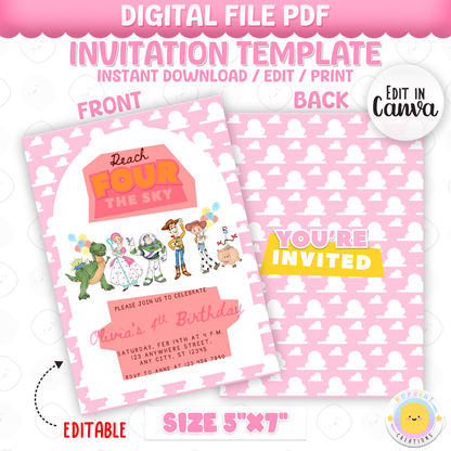 Celebrate your little one turning four with this fun Girls Reach Four the Sky Birthday Invitation! Easily edit, download, print, or share digitally for a stress-free party invite.