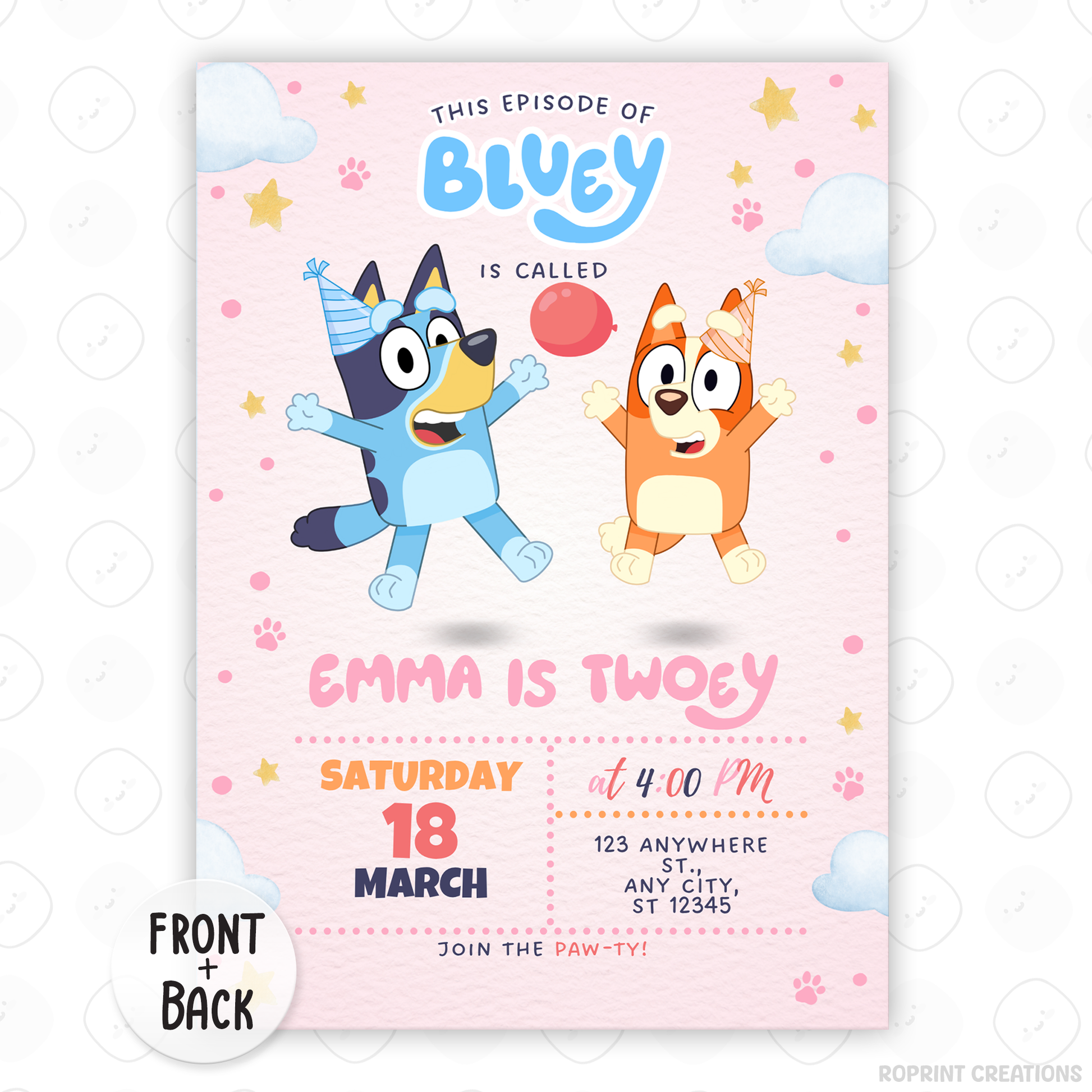 Celebrate her special day with this “This Episode of Bluey is Called TWOEY” birthday invitation! Easily edit, download, and print or share digitally. 🎉💖
