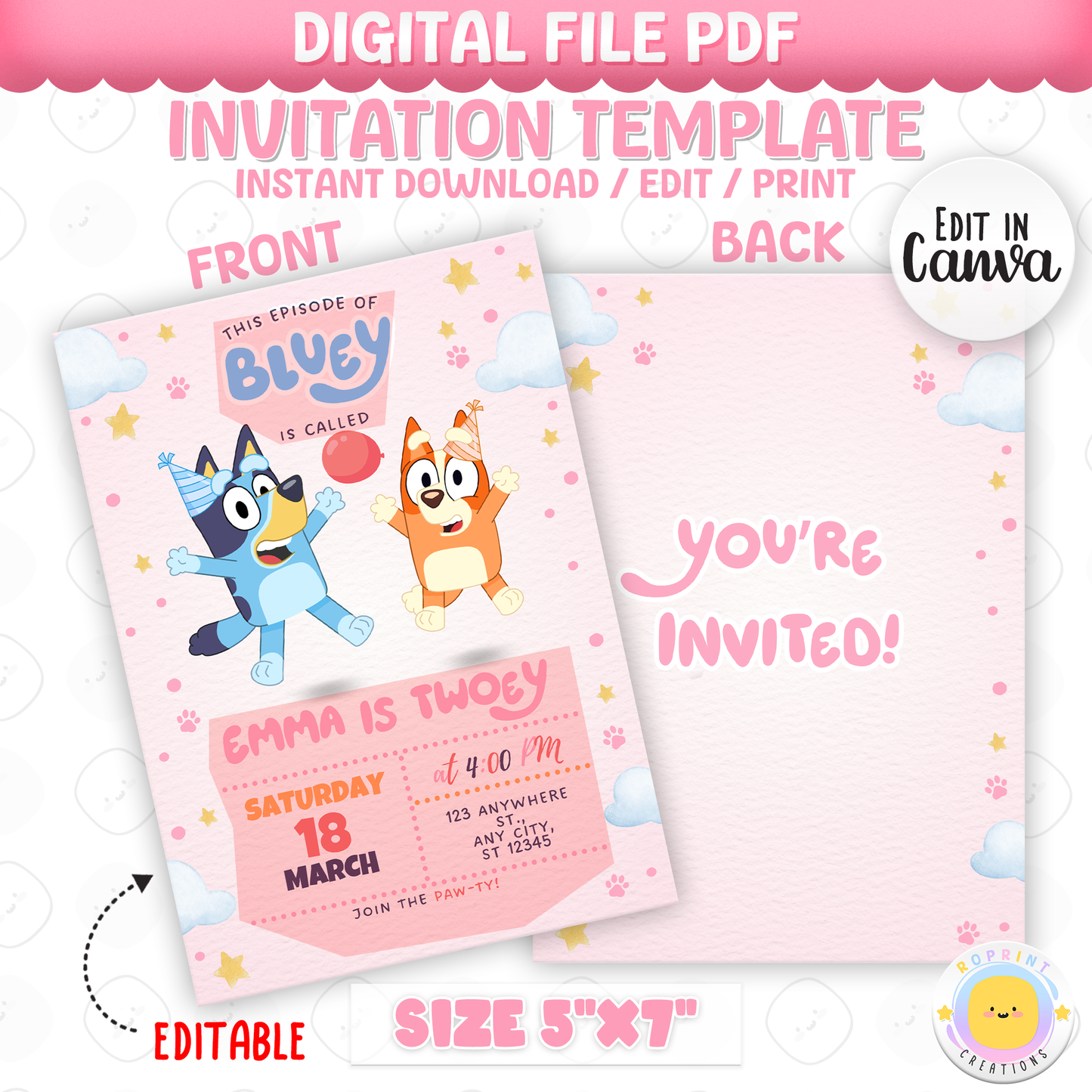 Celebrate her special day with this “This Episode of Bluey is Called TWOEY” birthday invitation! Easily edit, download, and print or share digitally. 🎉💖