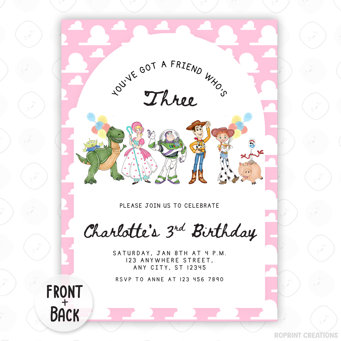 Girls Toy Story “You’ve Got a Friend Who’s Three” Invitation - Editable 3rd Birthday Invite