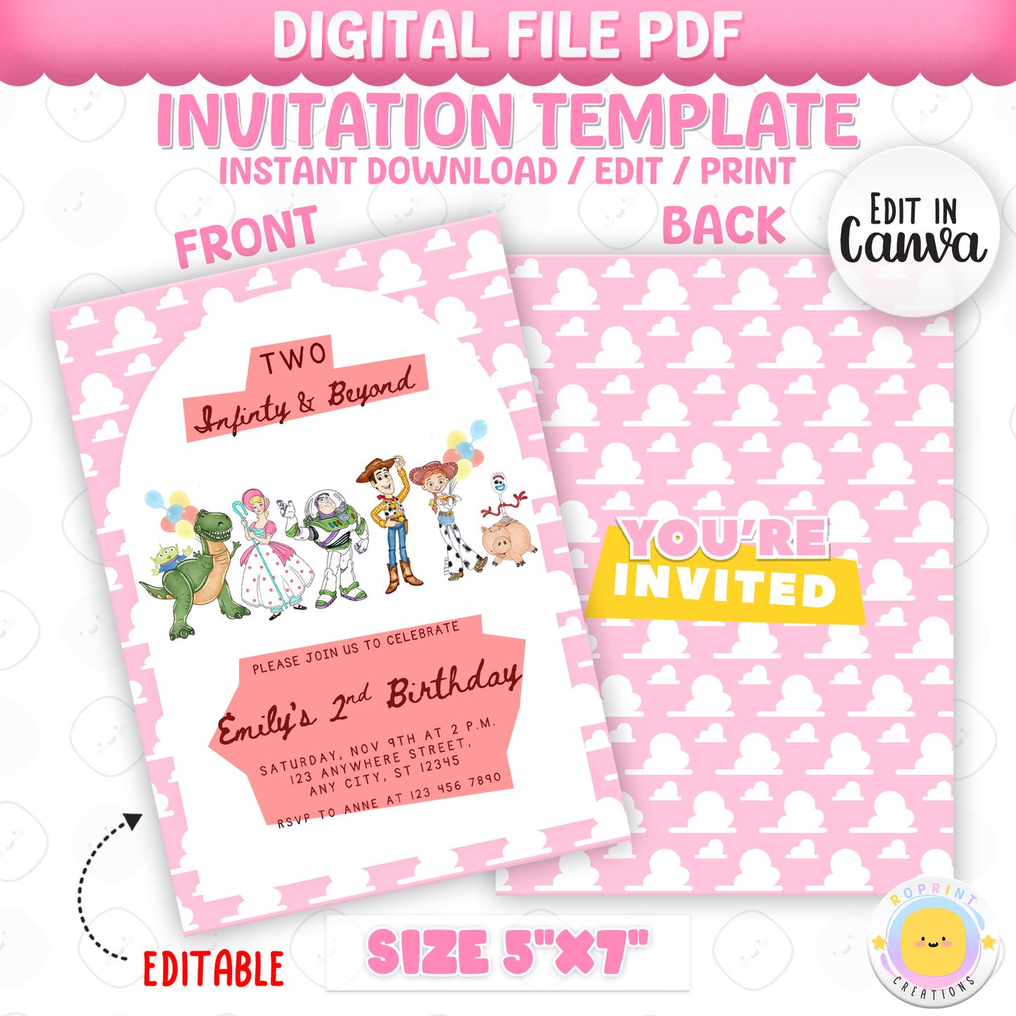 Celebrate your little one’s 2nd birthday with this adorable Girls Two Infinity and Beyond Birthday Invitation! Easily edit, download, print, or share digitally for a fun and stress-free party invite.