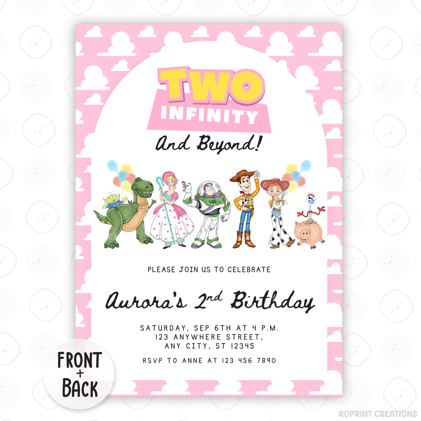 Girls Two Infinity and Beyond 2nd Birthday Invitation - Editable Toy Story Party Invite
