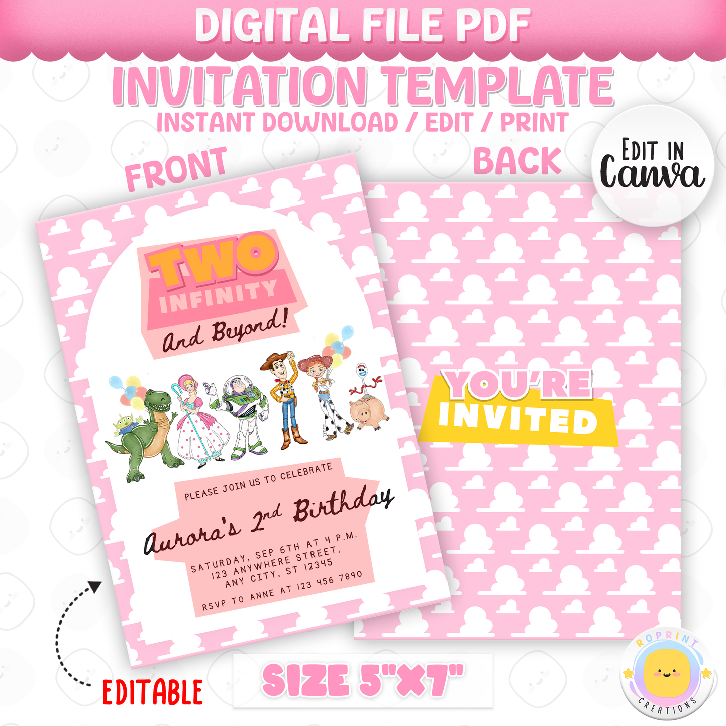 Girls Two Infinity and Beyond 2nd Birthday Invitation - Editable Toy Story Party Invite
