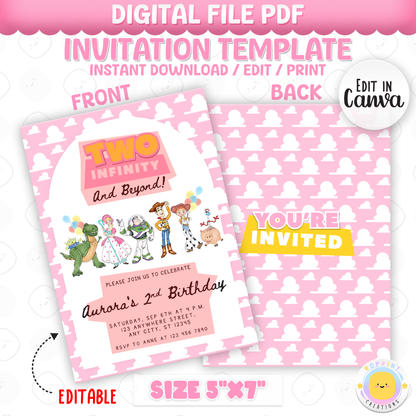 Girls Two Infinity and Beyond 2nd Birthday Invitation - Editable Toy Story Party Invite