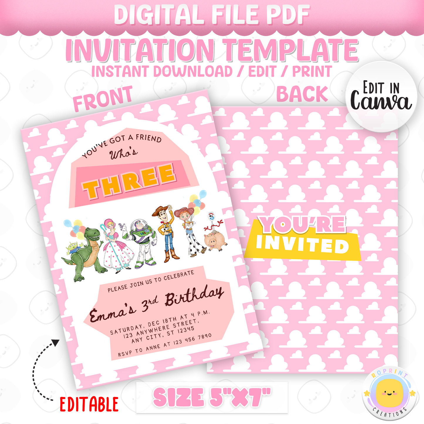 Girls You’ve Got a Friend Who’s Three Invitation - Editable Toy Story 3rd Birthday Party Invite