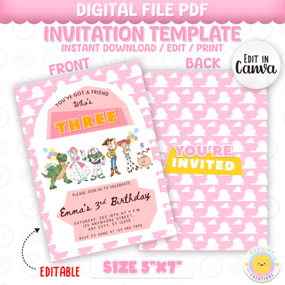 Girls You’ve Got a Friend Who’s Three Invitation - Editable Toy Story 3rd Birthday Party Invite