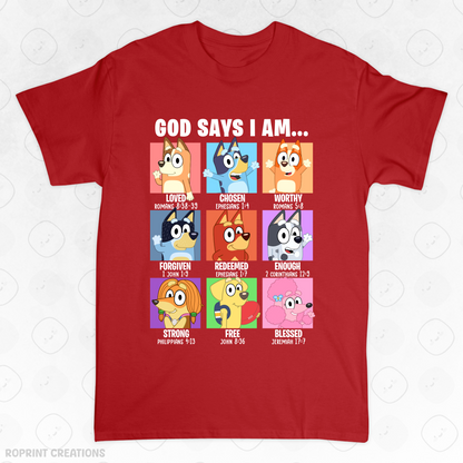 Show your love for Bluey with this fun God Says I Am Bluey Adult T-Shirt! Made from soft, comfortable fabric, it’s perfect for everyday wear and makes the best gift for Bluey fans.