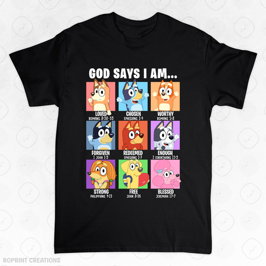 Show your love for Bluey with this fun God Says I Am Bluey Adult T-Shirt! Made from soft, comfortable fabric, it’s perfect for everyday wear and makes the best gift for Bluey fans.