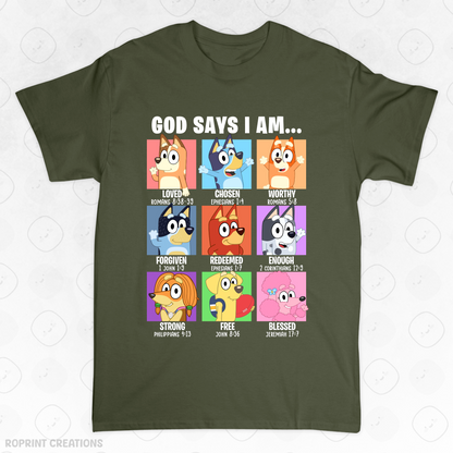 Show your love for Bluey with this fun God Says I Am Bluey Adult T-Shirt! Made from soft, comfortable fabric, it’s perfect for everyday wear and makes the best gift for Bluey fans.