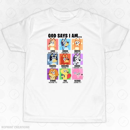Let your child shine in this adorable God Says I Am Bluey Youth T-Shirt! Crafted from soft, comfortable fabric, it’s perfect for school, playtime, or casual outings and makes the best gift for Bluey fans.